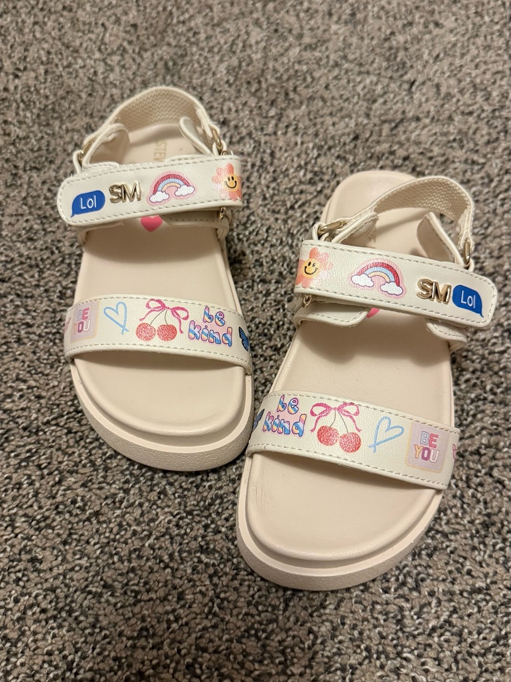 Steve Madden Girls Cream Sandals with Cherry & Rainbow Accents